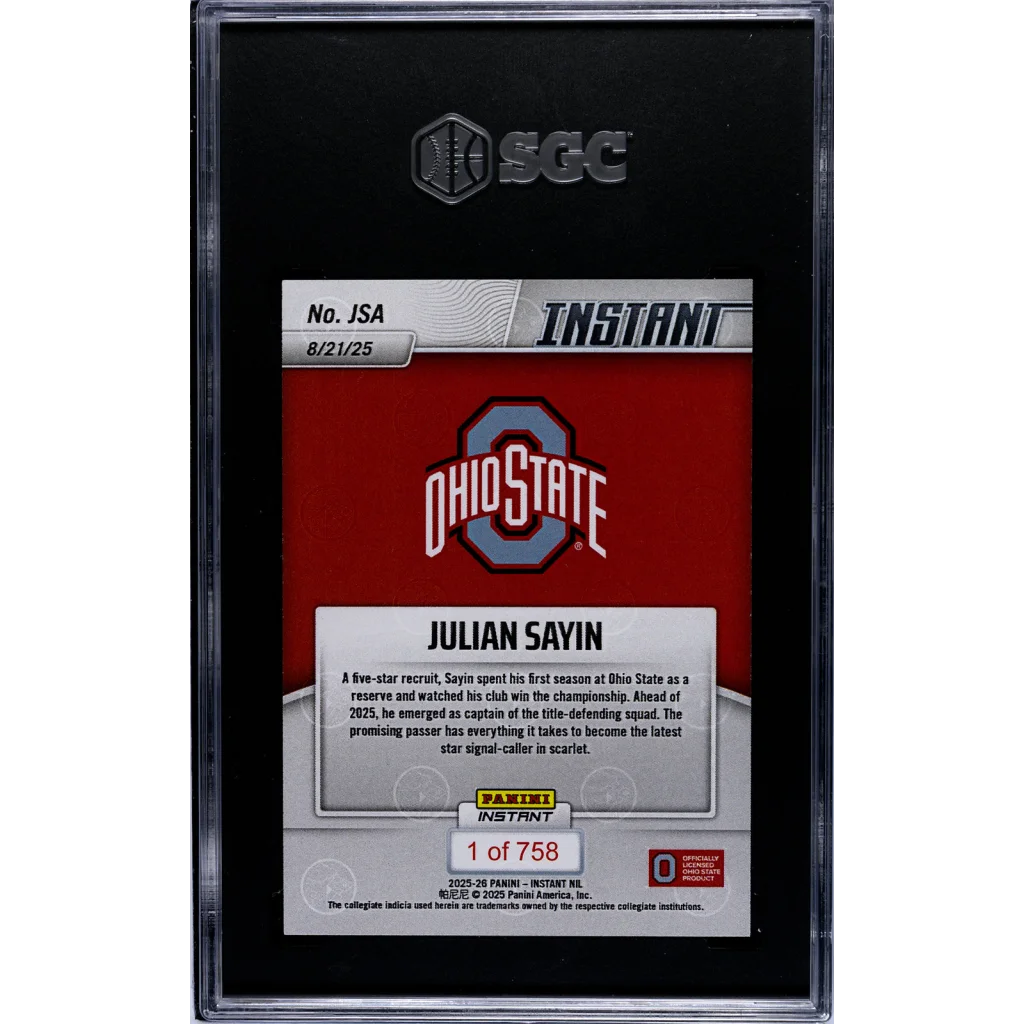 Graded 2025 Panini Instant NIL Julian Sayin SGC 10 Gem Mint Rookie RC Card