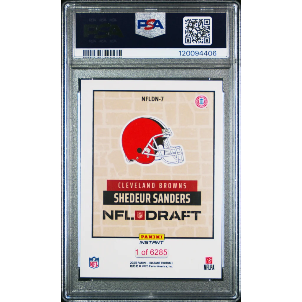 PSA 10 Graded Shedeur Sanders 2025 Panini Instant Rookie Card with Red Browns Helmet on Beige Slab