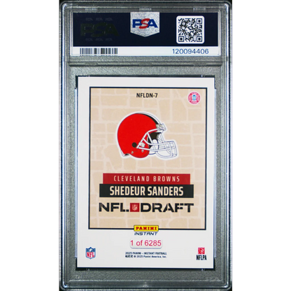 PSA 10 Graded Shedeur Sanders 2025 Panini Instant Rookie Card with Red Browns Helmet on Beige Slab