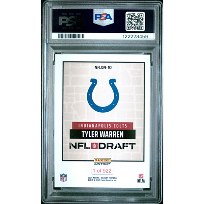 Graded 2025 Panini Instant Tyler Warren #NFLDN10 NFL Draft Night Rookie RC Football Card PSA 10 Gem Mint | PSA 10 Gem Mint Graded Rookie Card | vintageantiquesgifts.com