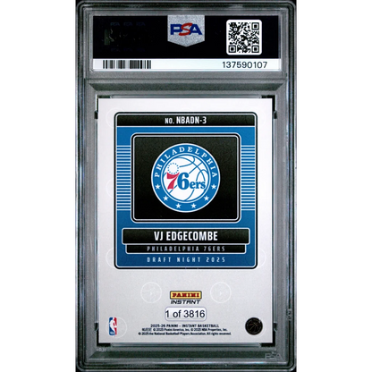 Graded 2025 Panini Instant VJ Edgecombe #3 Draft Night Rookie RC Basketball Card PSA 9 Mint | PSA 9 Mint Graded Rookie Card | vintageantiquesgifts.com