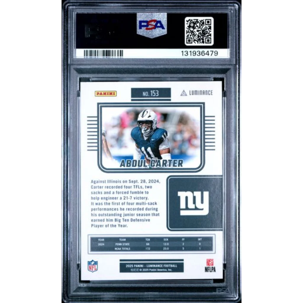 Graded 2025 Panini Luminance Abdul Carter 153 Orange 50 Rookie RC Football Card PSA 10 Gem Mint | PSA 10 Gem Mint Graded Rookie Card | vintageantiquesgifts.com