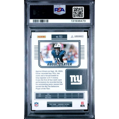 Graded 2025 Panini Luminance Abdul Carter 153 Orange 50 Rookie RC Football Card PSA 10 Gem Mint | PSA 10 Gem Mint Graded Rookie Card | vintageantiquesgifts.com