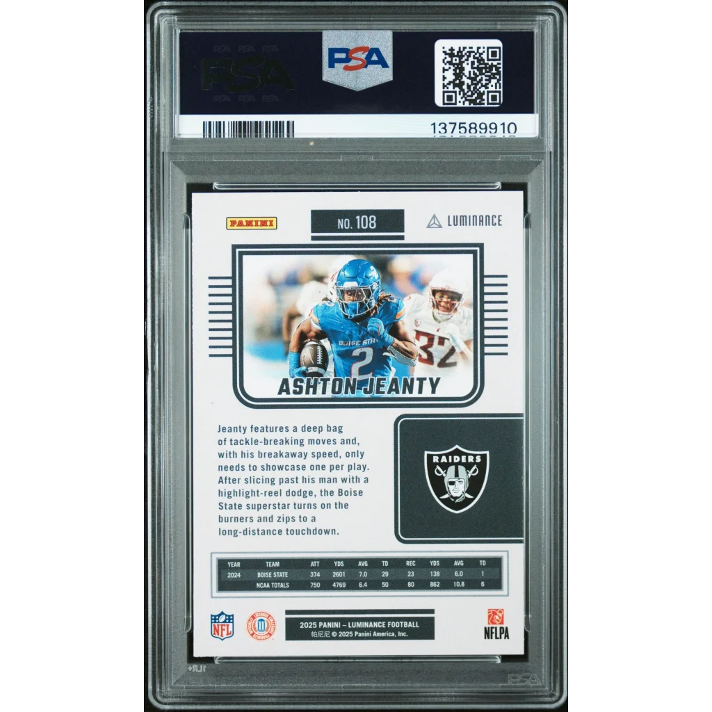 Graded 2025 Panini Luminance Ashton Jeanty #108 Rookie RC Football Card PSA 10 Gem Mint | PSA 10 Gem Mint Graded Rookie Card | vintageantiquesgifts.com
