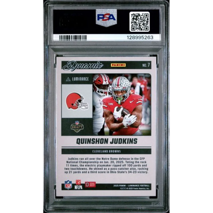 Graded 2025 Panini Luminance Quinshon Judkins #7 Dynamic Rookies Rookie RC Football Card PSA 10 Gem Mint | PSA 10 Gem Mint Graded Rookie Card | vintageantiquesgifts.com