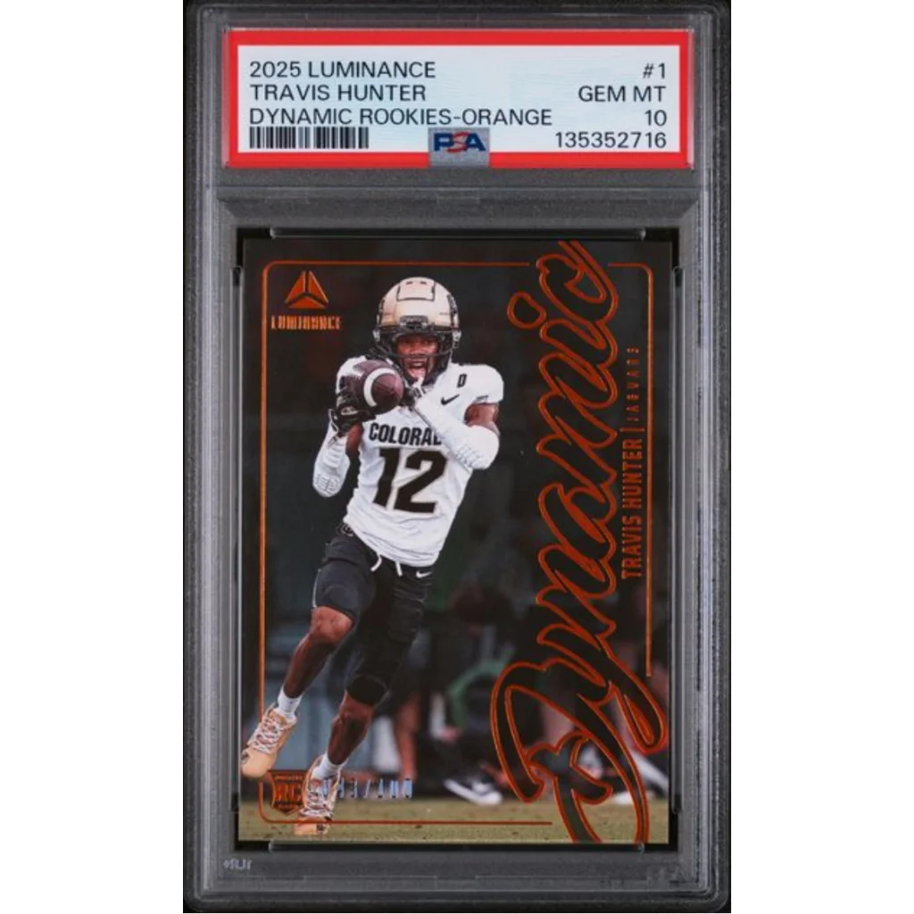 Graded 2025 Panini Luminance Travis Hunter 1 Dynamic Rookies Orange 100 Rookie RC Football Card PSA 10 Gem Mint | Hall of Fame Sports Memorabilia | vintageantiquesgifts.com