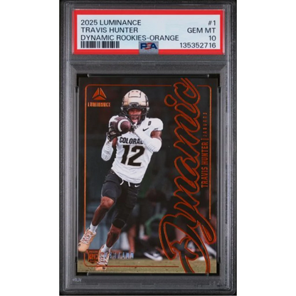 Graded 2025 Panini Luminance Travis Hunter 1 Dynamic Rookies Orange 100 Rookie RC Football Card PSA 10 Gem Mint | Hall of Fame Sports Memorabilia | vintageantiquesgifts.com
