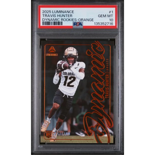 Graded 2025 Panini Luminance Travis Hunter 1 Dynamic Rookies Orange 100 Rookie RC Football Card PSA 10 Gem Mint | Hall of Fame Sports Memorabilia | vintageantiquesgifts.com