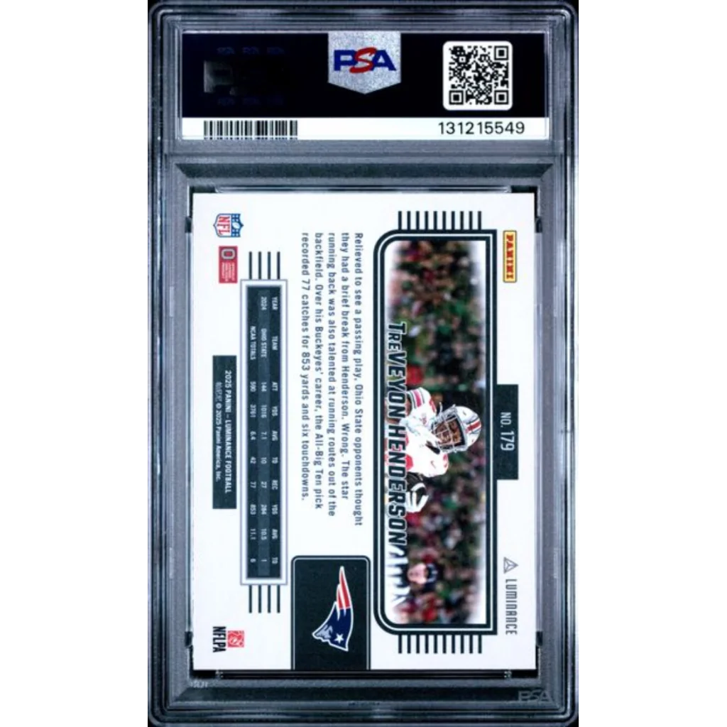 Graded 2025 Panini Luminance TreVeyon Henderson 179 Rookie RC Football Card PSA 10 Gem Mint | PSA 10 Gem Mint Graded Rookie Card | vintageantiquesgifts.com