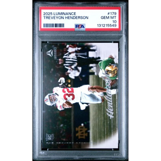 Graded 2025 Panini Luminance TreVeyon Henderson 179 Rookie RC Football Card PSA 10 Gem Mint | Hall of Fame Sports Memorabilia | vintageantiquesgifts.com