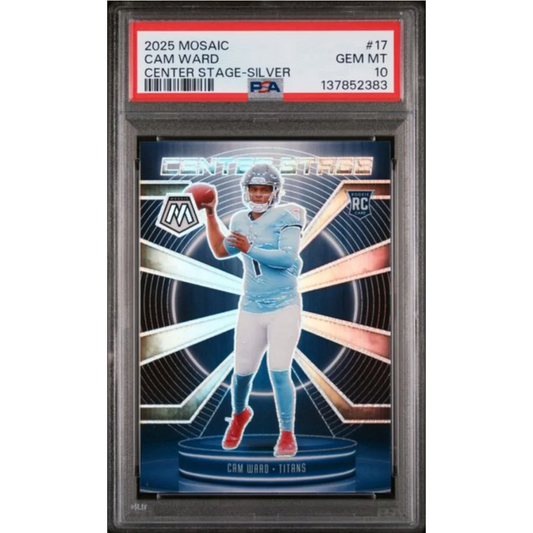 Graded 2025 Panini Mosaic Cam Ward 17 Center Stage Silver Rookie RC Football Card PSA 10 Gem Mint | Hall of Fame Sports Memorabilia | vintageantiquesgifts.com