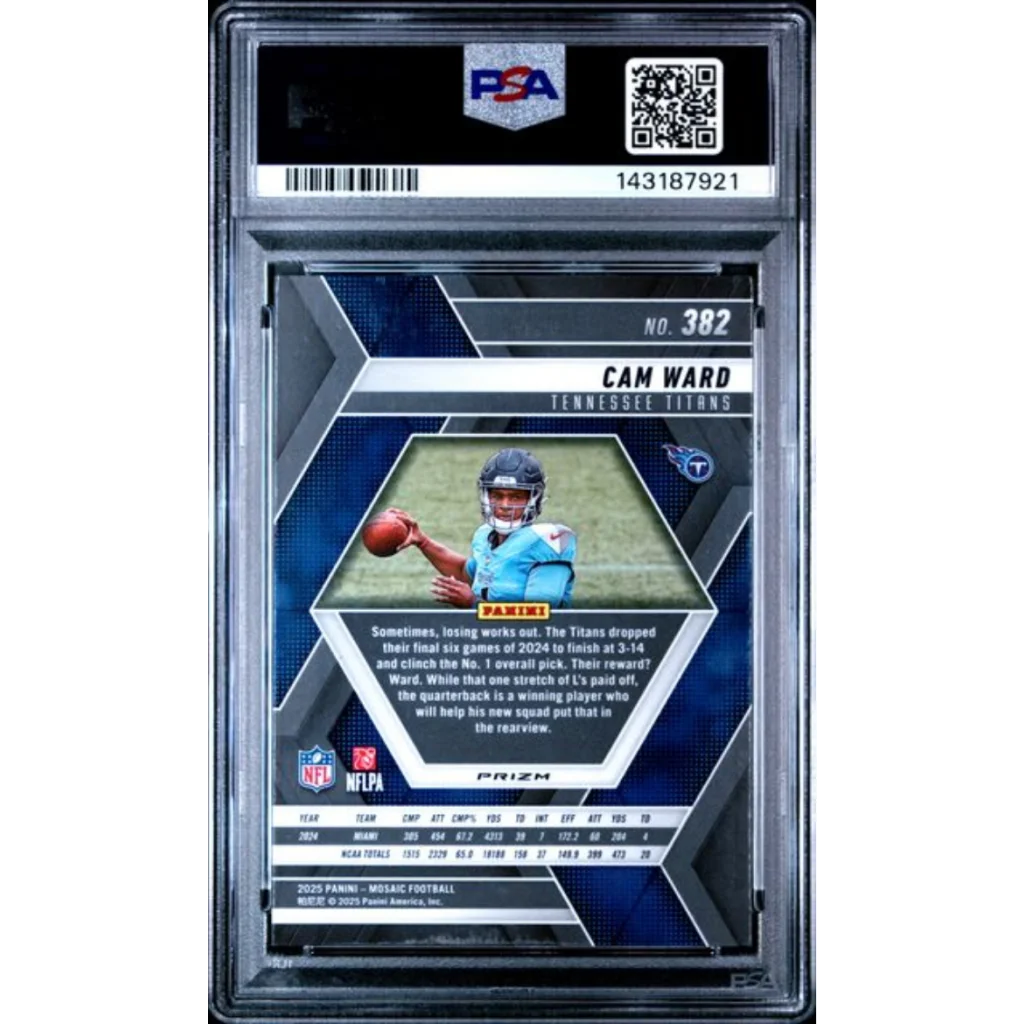 Graded 2025 Panini Mosaic Cam Ward 382 Silver Rookie RC Football Card PSA 10 Gem Mint | PSA 10 Gem Mint Graded Rookie Card | vintageantiquesgifts.com