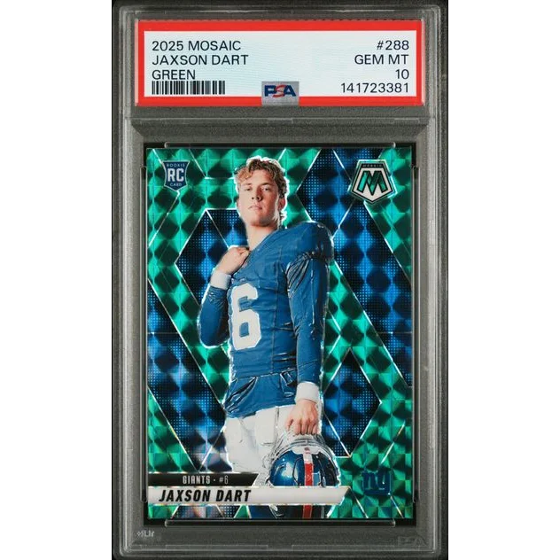 Graded 2025 Panini Mosaic Jaxson Dart 288 Green Rookie RC Football Card PSA 10 Gem Mint | Hall of Fame Sports Memorabilia | vintageantiquesgifts.com