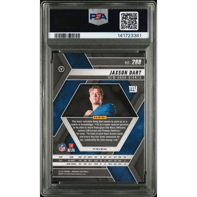 Graded 2025 Panini Mosaic Jaxson Dart 288 Green Rookie RC Football Card PSA 10 Gem Mint | PSA 10 Gem Mint Graded Rookie Card | vintageantiquesgifts.com