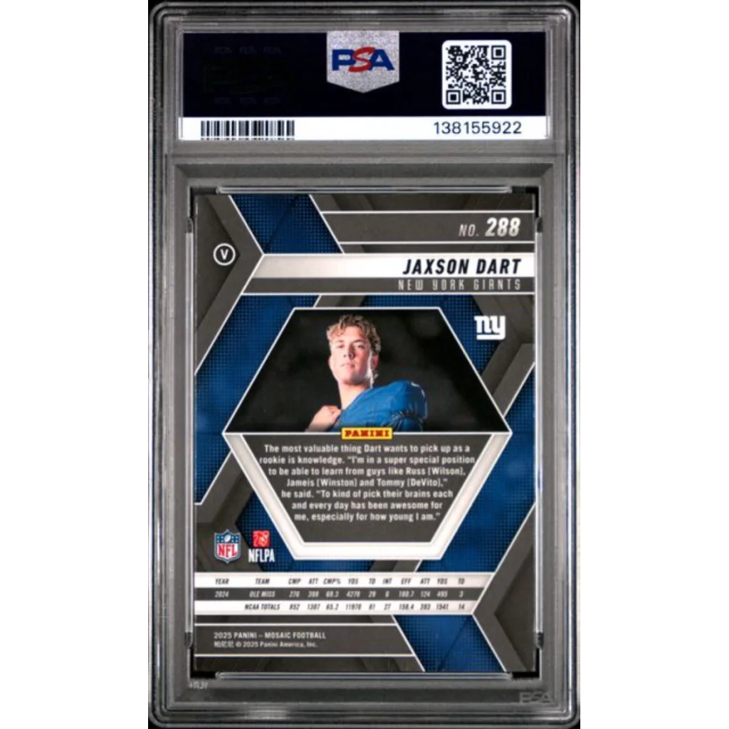 Graded 2025 Panini Mosaic Jaxson Dart #288 Rookie RC Football Card PSA 10 Gem Mint | PSA 10 Gem Mint Graded Rookie Card | vintageantiquesgifts.com
