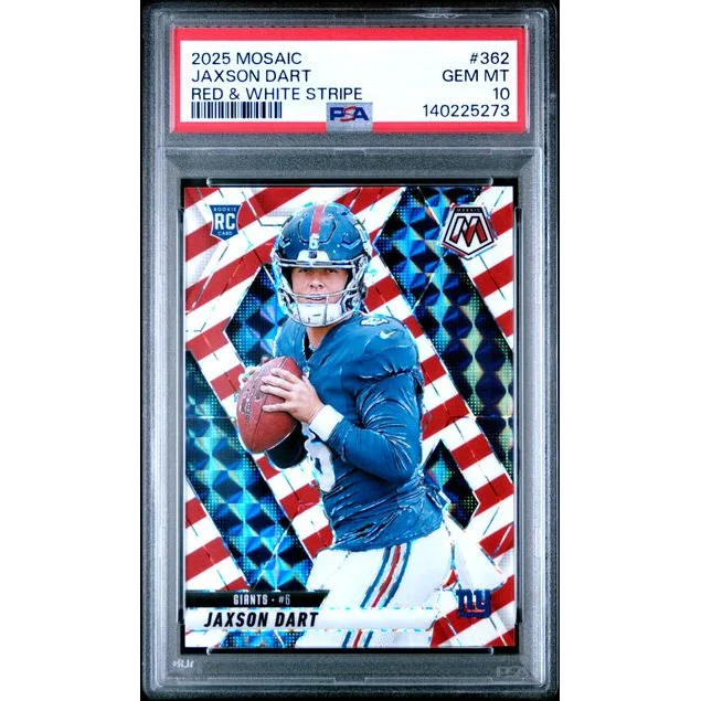 Graded 2025 Panini Mosaic Jaxson Dart Red White Stripe RC PSA 10 slab
