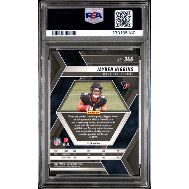 Graded 2025 Panini Mosaic Jayden Higgins #346 Red White Stripe RC PSA 10