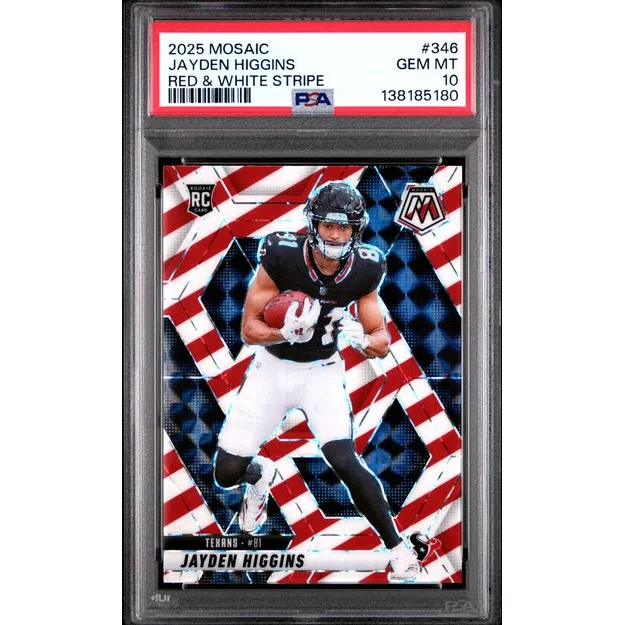Graded 2025 Panini Mosaic Jayden Higgins #346 Red & White Stripe RC PSA 10
