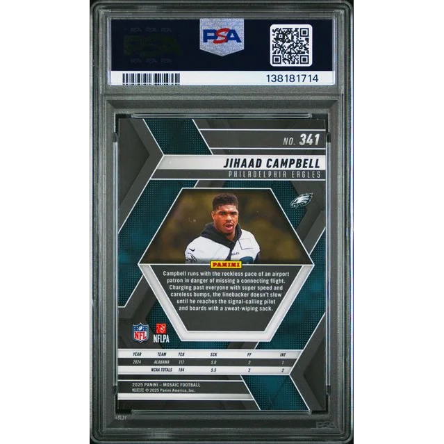 Graded 2025 Panini Mosaic Jihaad Campbell #341 RC PSA 10 Eagles card
