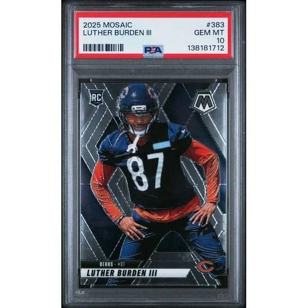Graded 2025 panini mosaic luther burden iii rookie football card psa 10 gem mint with glossy blue and orange uniform
