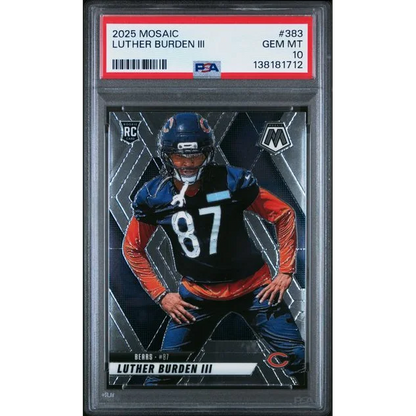 Graded 2025 panini mosaic luther burden iii rookie football card psa 10 gem mint with glossy blue and orange uniform
