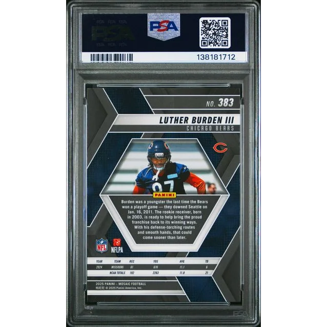 Graded 2025 Panini Mosaic rookie football card of Luther Burden III wearing blue and orange Chicago Bears jersey 87 PSA 10 gem mint