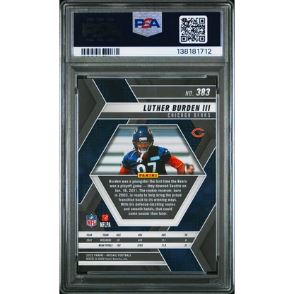Graded 2025 Panini Mosaic rookie football card of Luther Burden III wearing blue and orange Chicago Bears jersey 87 PSA 10 gem mint