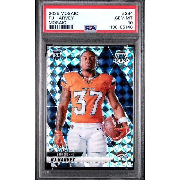 Graded 2025 Panini Mosaic RJ Harvey 284 Mosaic Variation Rookie RC Football Card PSA 10 Gem Mint | Hall of Fame Sports Memorabilia | vintageantiquesgifts.com
