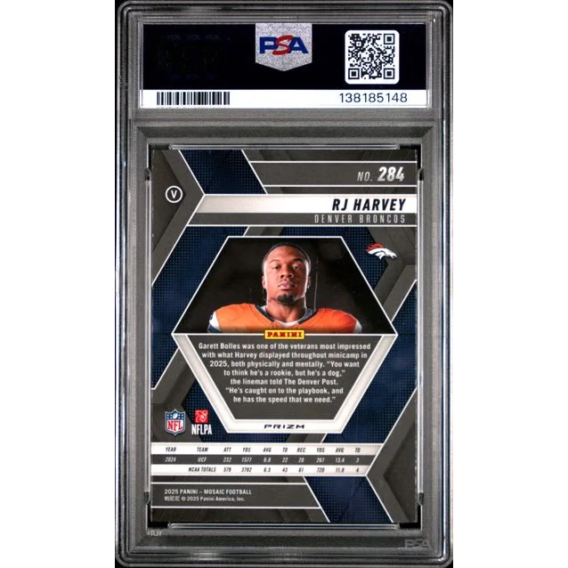 Graded 2025 Panini Mosaic RJ Harvey 284 Mosaic Variation Rookie RC Football Card PSA 10 Gem Mint | PSA 10 Gem Mint Graded Rookie Card | vintageantiquesgifts.com