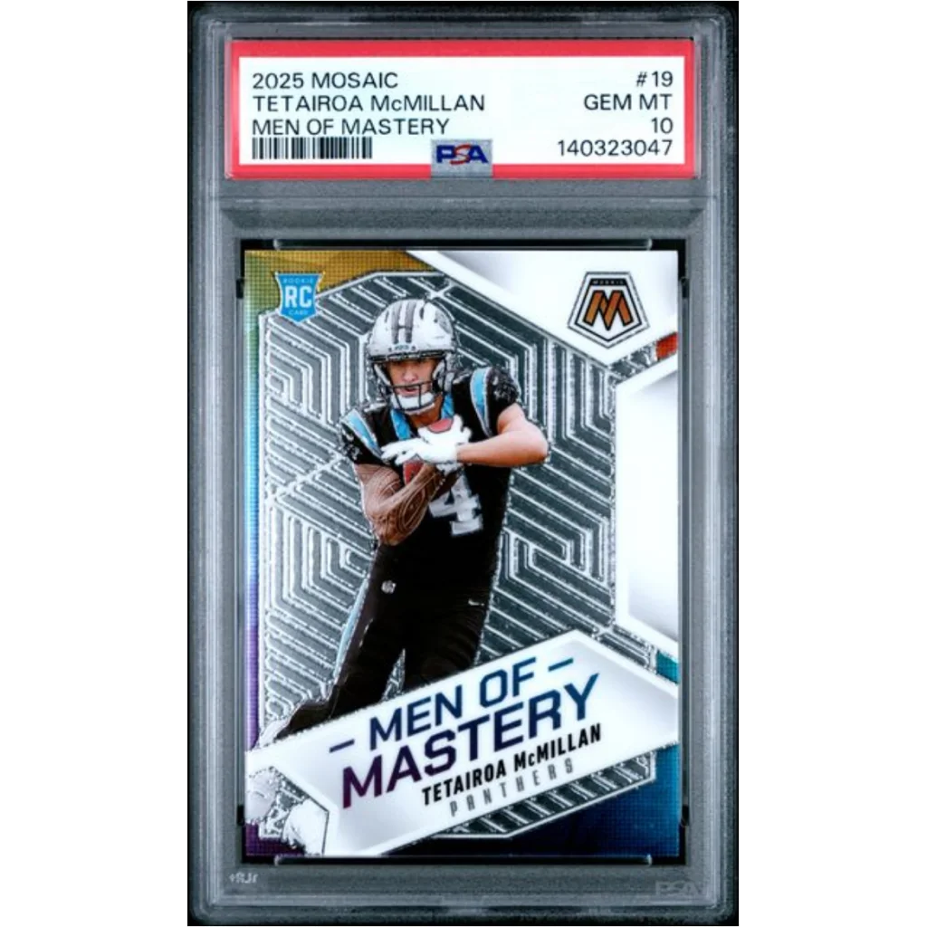 Graded 2025 Panini Mosaic Tetairoa McMillan #19 Men of Mastery Rookie RC Football Card PSA 10 Gem Mint | Hall of Fame Sports Memorabilia | vintageantiquesgifts.com