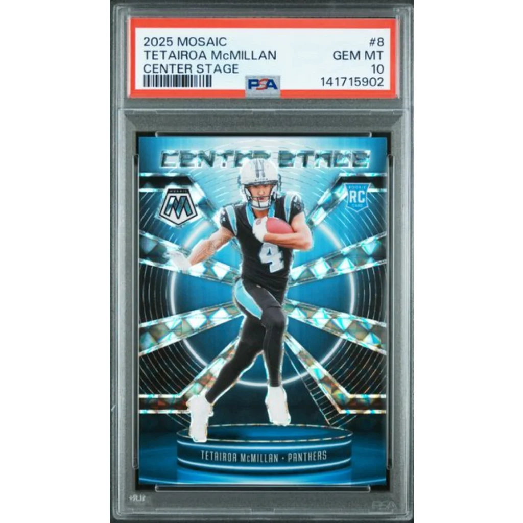 Graded 2025 Panini Mosaic Tetairoa McMillan 8 Center Stage Rookie RC Football Card PSA 10 Gem Mint | Hall of Fame Sports Memorabilia | vintageantiquesgifts.com