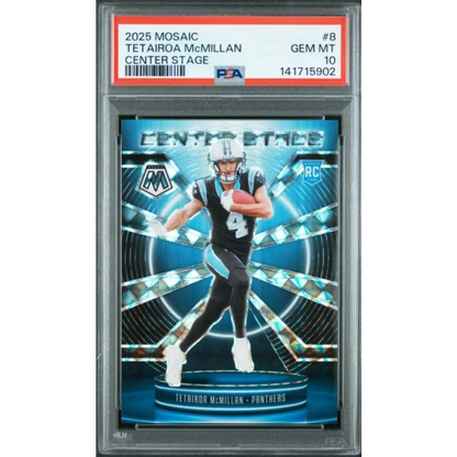 Graded 2025 Panini Mosaic Tetairoa McMillan 8 Center Stage Rookie RC Football Card PSA 10 Gem Mint | Hall of Fame Sports Memorabilia | vintageantiquesgifts.com