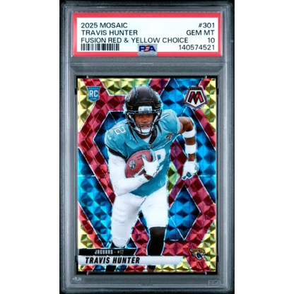 Graded 2025 Panini Mosaic Travis Hunter 301 Fusion Red and Yellow Choice 89 Rookie RC Football Card PSA 10 Gem Mint | Hall of Fame Sports Memorabilia | vintageantiquesgifts.com