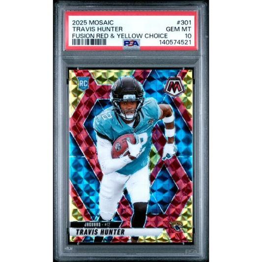 Graded 2025 Panini Mosaic Travis Hunter 301 Fusion Red and Yellow Choice 89 Rookie RC Football Card PSA 10 Gem Mint | Hall of Fame Sports Memorabilia | vintageantiquesgifts.com