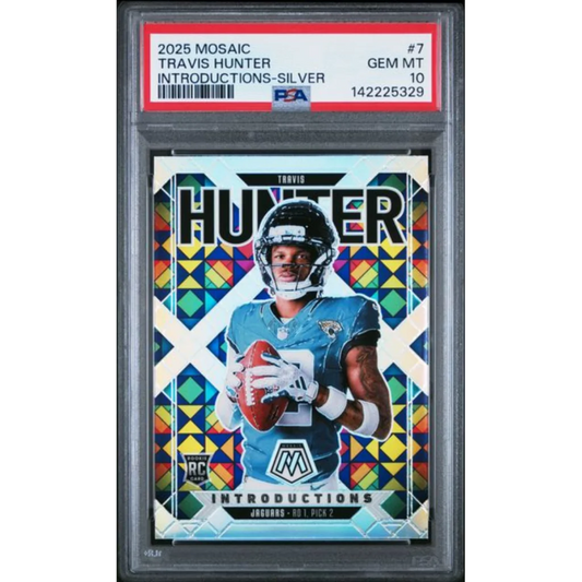 Graded 2025 Panini Mosaic Travis Hunter 7 Introductions Silver Rookie RC Football Card PSA 10 Gem Mint | Hall of Fame Sports Memorabilia | vintageantiquesgifts.com