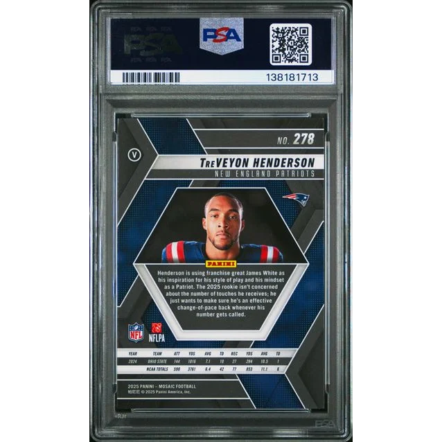 Graded 2025 Panini Mosaic TreVeyon Henderson #278 Variation Rookie RC Football Card PSA 10 Gem Mint | PSA 10 Gem Mint Graded Rookie Card | vintageantiquesgifts.com
