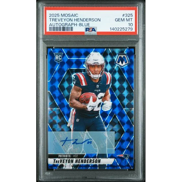 Graded 2025 Panini Mosaic TreVeyon Henderson 325 99 Blue Autograph Rookie RC Football Card PSA 10 Gem Mint | Hall of Fame Sports Memorabilia | vintageantiquesgifts.com
