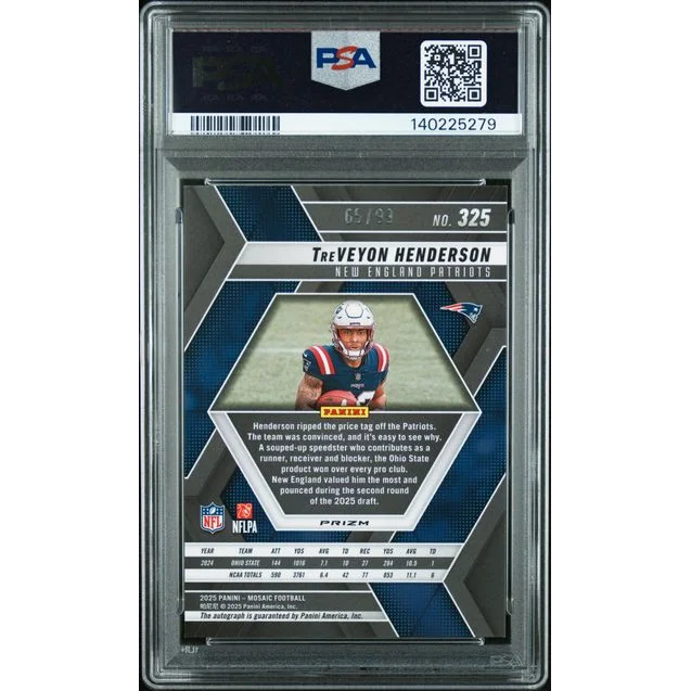 Graded 2025 Panini Mosaic TreVeyon Henderson 325 99 Blue Autograph Rookie RC Football Card PSA 10 Gem Mint | PSA 10 Gem Mint Graded Rookie Card | vintageantiquesgifts.com