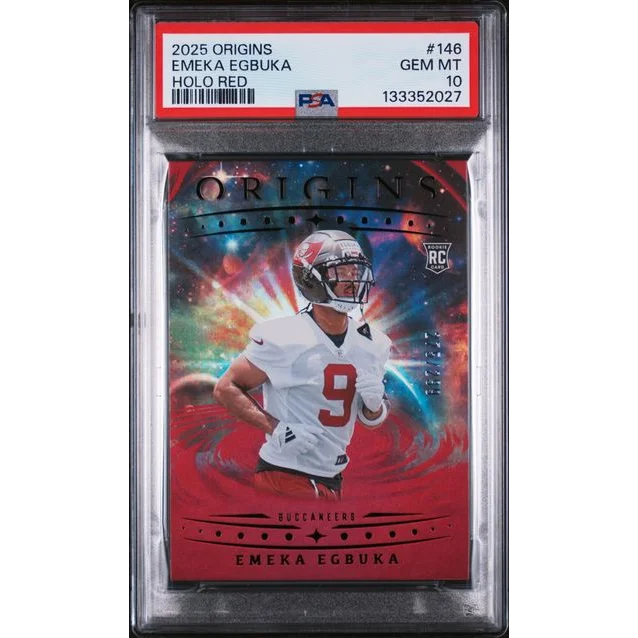 Graded 2025 Panini Origins Emeka Egbuka 146 299 Holo Red Rookie RC Football Card PSA 10 Gem Mint | Hall of Fame Sports Memorabilia | vintageantiquesgifts.com