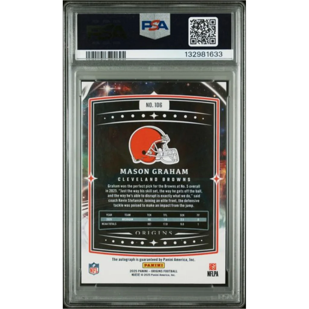 Graded 2025 Panini Origins Mason Graham #106 Signature /99 Rookie RC Football Card PSA 10 Gem Mint | PSA 10 Gem Mint Graded Rookie Card | vintageantiquesgifts.com