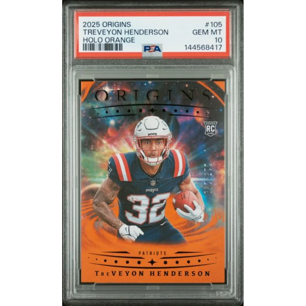 Graded 2025 Panini Origins TreVeyon Henderson 105 Holo Orange 249 Rookie RC Football Card PSA 10 Gem Mint | Hall of Fame Sports Memorabilia | vintageantiquesgifts.com