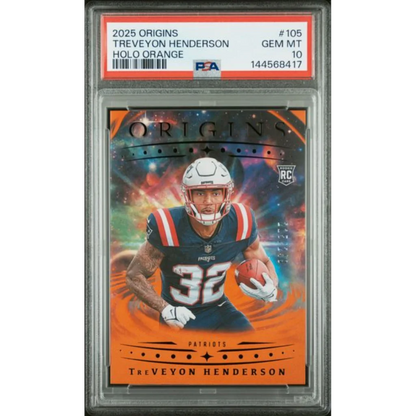 Graded 2025 Panini Origins TreVeyon Henderson 105 Holo Orange 249 Rookie RC Football Card PSA 10 Gem Mint | Hall of Fame Sports Memorabilia | vintageantiquesgifts.com
