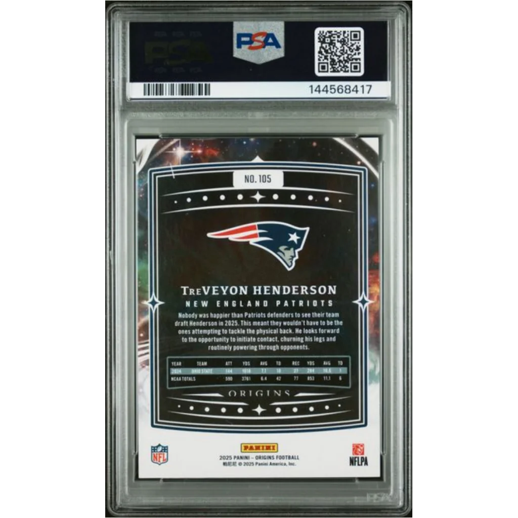 Graded 2025 Panini Origins TreVeyon Henderson 105 Holo Orange 249 Rookie RC Football Card PSA 10 Gem Mint | PSA 10 Gem Mint Graded Rookie Card | vintageantiquesgifts.com