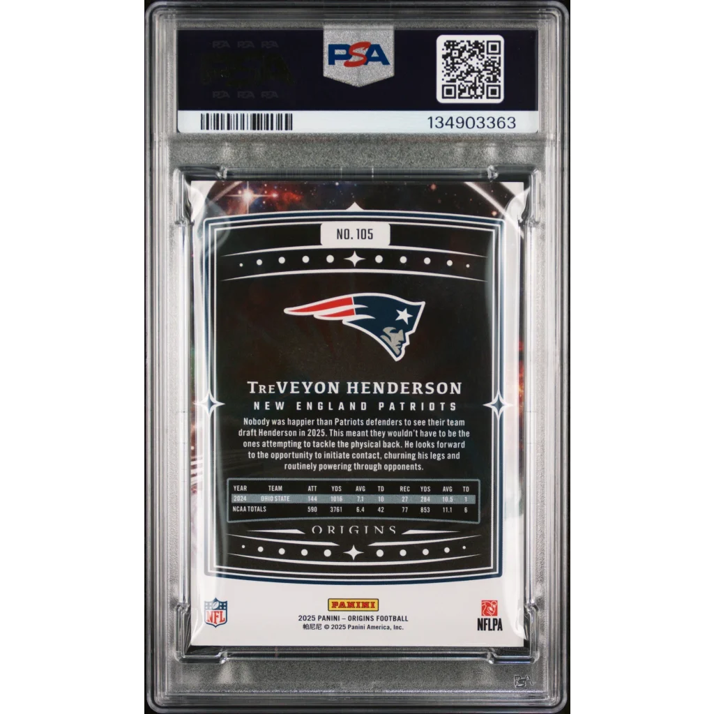 Graded 2025 Panini Origins TreVeyon Henderson #105 Rookie RC Football Card PSA 10 Gem Mint | PSA 10 Gem Mint Graded Rookie Card | vintageantiquesgifts.com