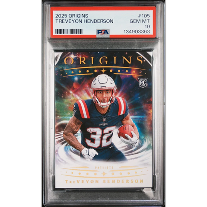 Graded 2025 Panini Origins TreVeyon Henderson #105 Rookie RC Football Card PSA 10 Gem Mint | Hall of Fame Sports Memorabilia | vintageantiquesgifts.com