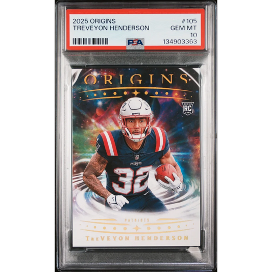 Graded 2025 Panini Origins TreVeyon Henderson #105 Rookie RC Football Card PSA 10 Gem Mint | Hall of Fame Sports Memorabilia | vintageantiquesgifts.com