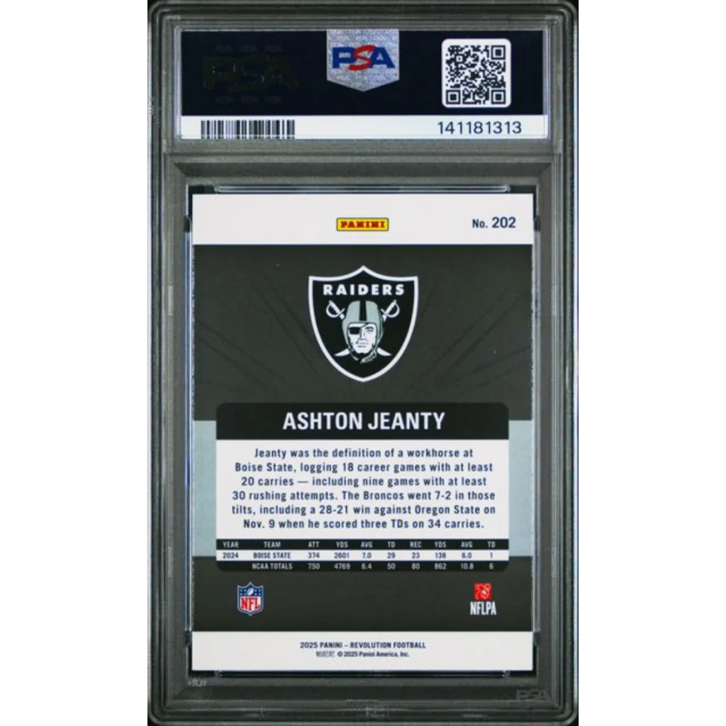 Graded 2025 Panini Revolution Ashton Jeanty 202 Rookie RC Football Card PSA 10 Gem Mint | PSA 10 Gem Mint Graded Rookie Card | vintageantiquesgifts.com