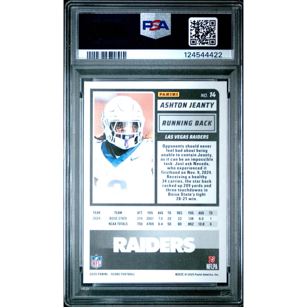 Graded 2025 Panini Score Ashton Jeanty #14 Rookie RC Football Card PSA 10 Gem Mint