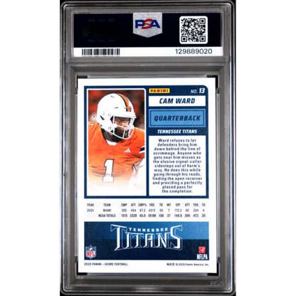 Graded PSA 10 2025 Panini Score Cam Ward Titans #13 Rookie RC Card
