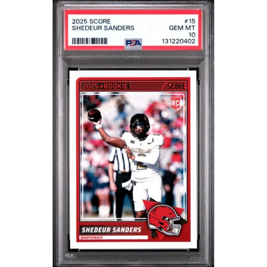 Graded 2025 Panini Score Shedeur Sanders 15 Rookie RC Football Card PSA 10 Gem Mint | Hall of Fame Sports Memorabilia | vintageantiquesgifts.com